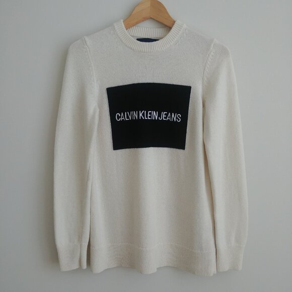 Calvin Klein Jeans off white black 50% wool sweater Small - Picture 1 of 16